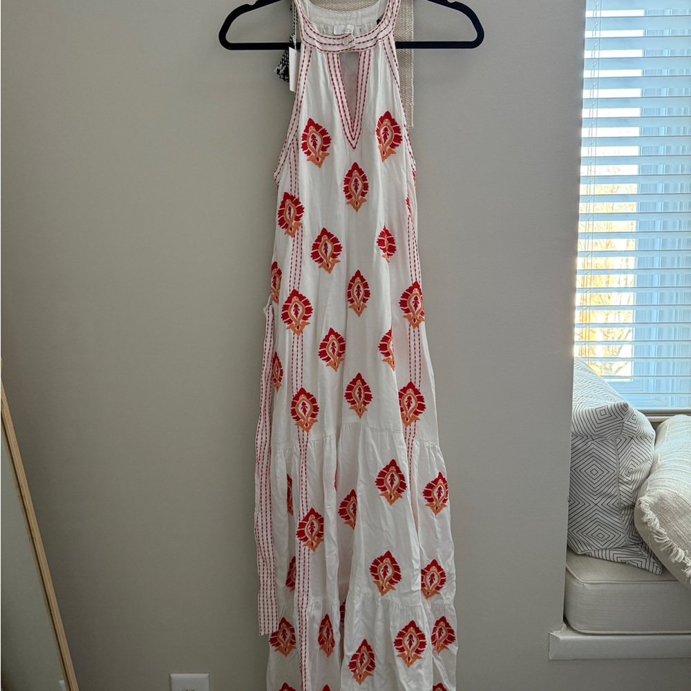 NWT Ecru Hathaway Halter Dress Embroidered White and Red Maxi
